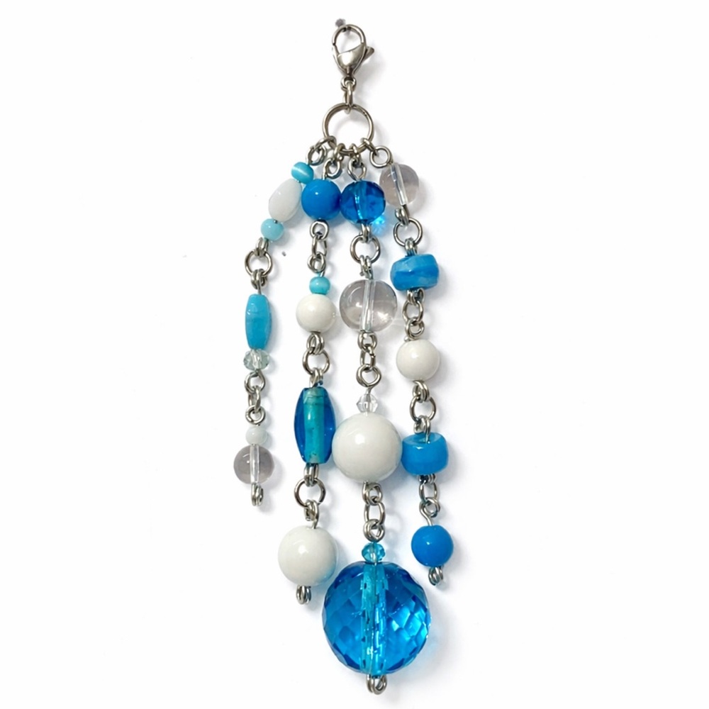 Blue Beaded Charm | Keychain Zipper Pull Bag Charm | Coastal Boho Aqua White